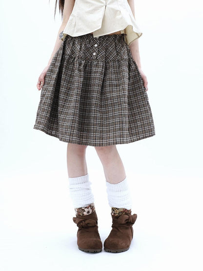 ang project Vintage Plaid Three Button Elastic Waist Tie A Line Women&