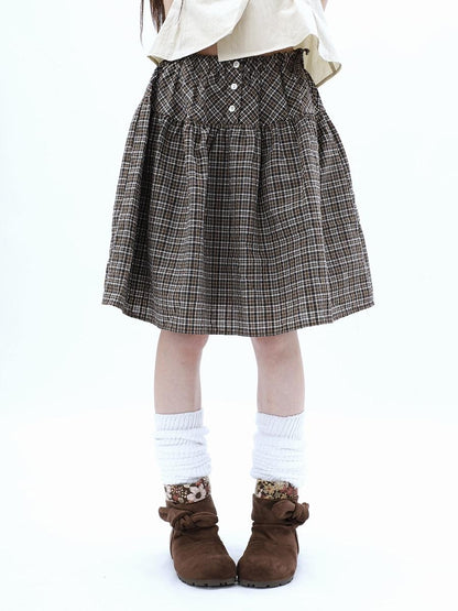 ang project Vintage Plaid Three Button Elastic Waist Tie A Line Women&