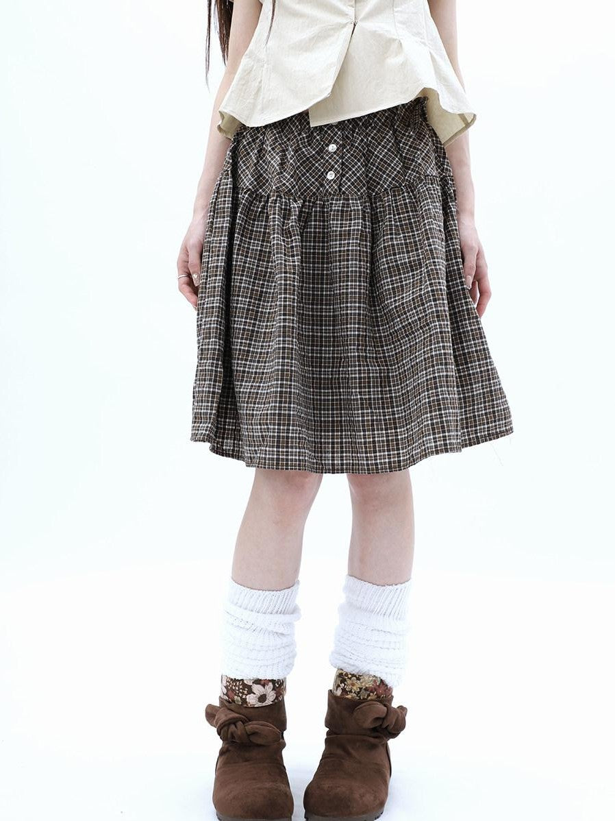 ang project Vintage Plaid Three Button Elastic Waist Tie A Line Women&