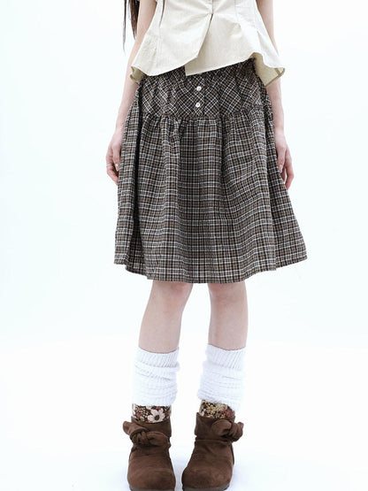 ang project Vintage Plaid Three Button Elastic Waist Tie A Line Women&