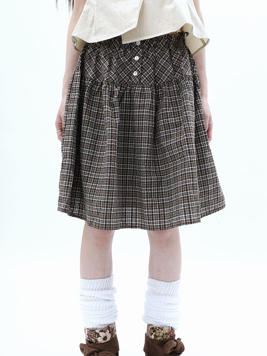 ang project Vintage Plaid Three Button Elastic Waist Tie A Line Women&