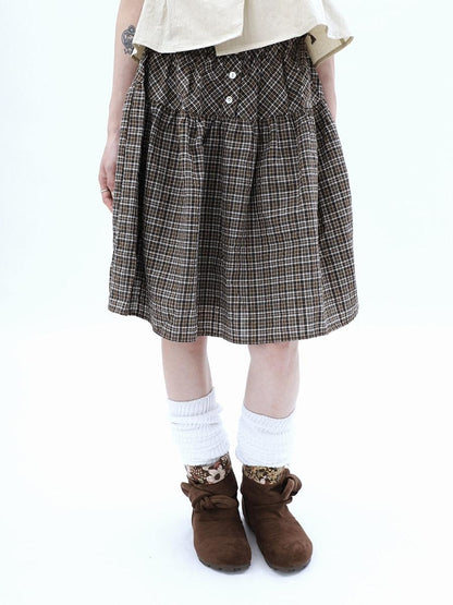 ang project Vintage Plaid Three Button Elastic Waist Tie A Line Women&