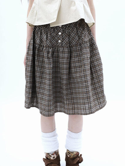 ang project Vintage Plaid Three Button Elastic Waist Tie A Line Women&
