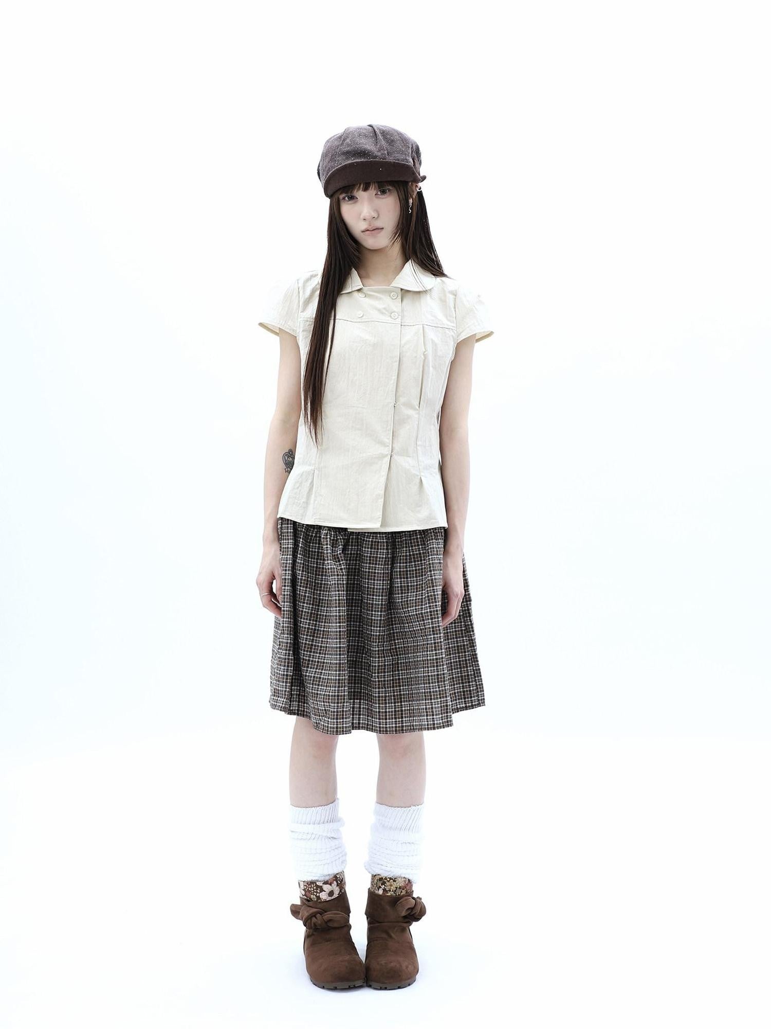 ang project Vintage Plaid Three Button Elastic Waist Tie A Line Women&