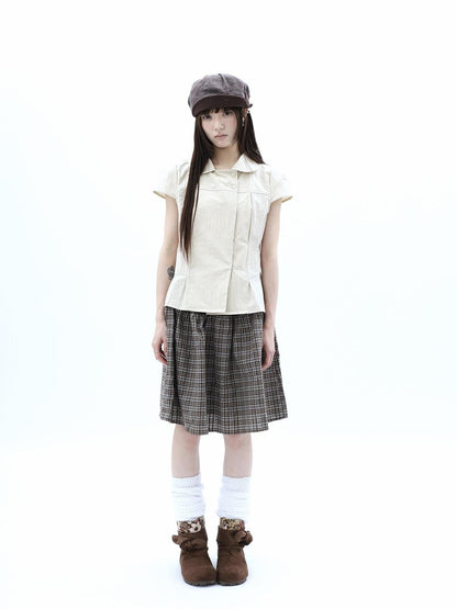 ang project Vintage Plaid Three Button Elastic Waist Tie A Line Women&