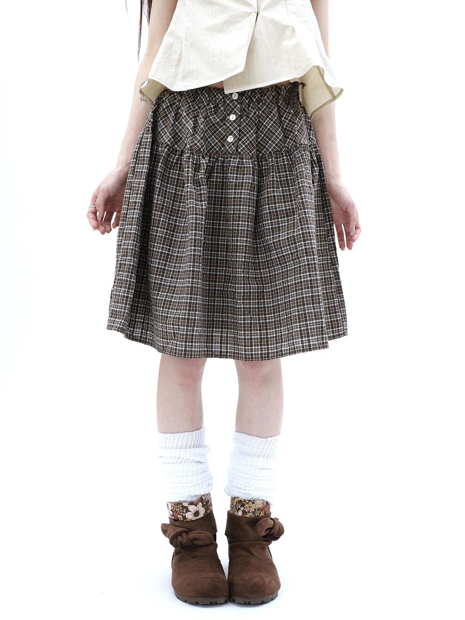ang project Vintage Plaid Three Button Elastic Waist Tie A Line Women&