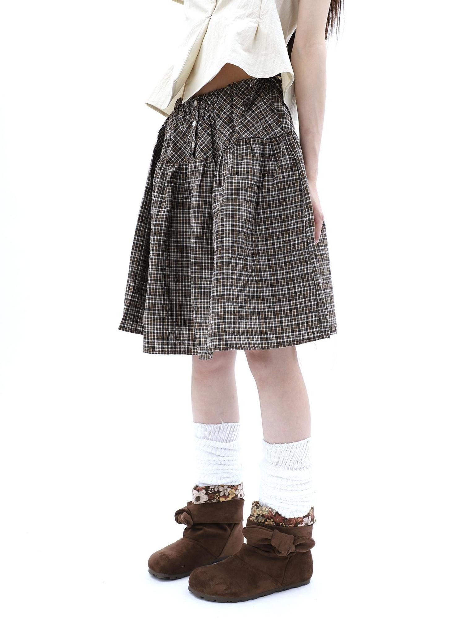 ang project Vintage Plaid Three Button Elastic Waist Tie A Line Women&