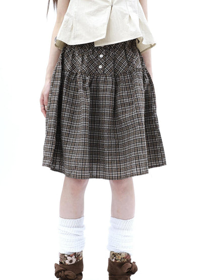 ang project Vintage Plaid Three Button Elastic Waist Tie A Line Women&