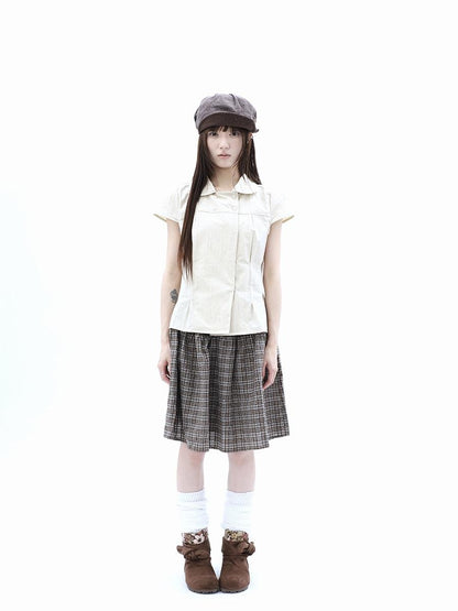 ang project Vintage Plaid Three Button Elastic Waist Tie A Line Women&