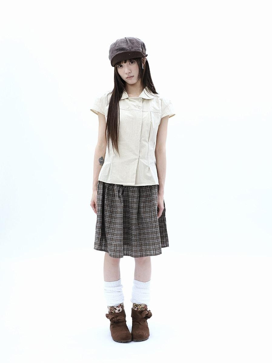 ang project Vintage Plaid Three Button Elastic Waist Tie A Line Women&