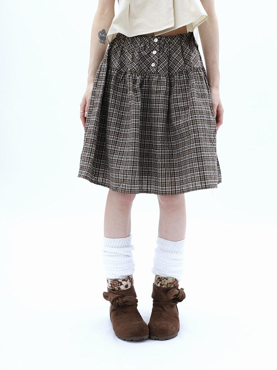 ang project Vintage Plaid Three Button Elastic Waist Tie A Line Women&