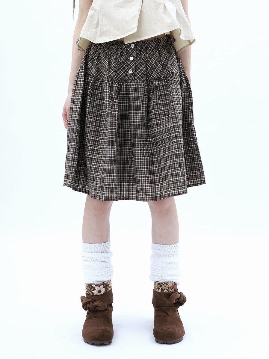 ang project Vintage Plaid Three Button Elastic Waist Tie A Line Women&