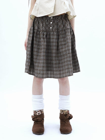 ang project Vintage Plaid Three Button Elastic Waist Tie A Line Women&