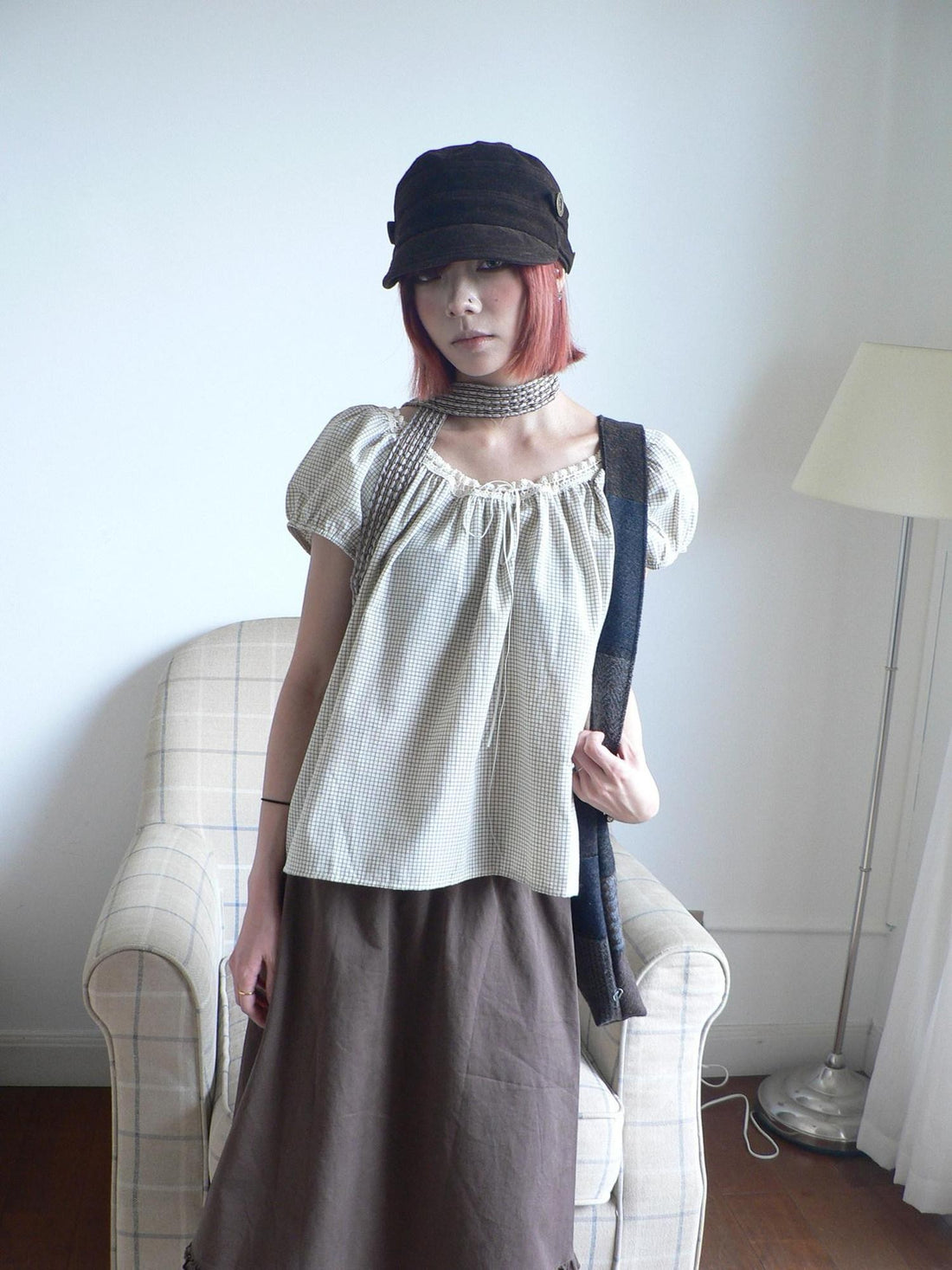 ang project Vintage Plaid Tie Lace Puff Sleeve Women&