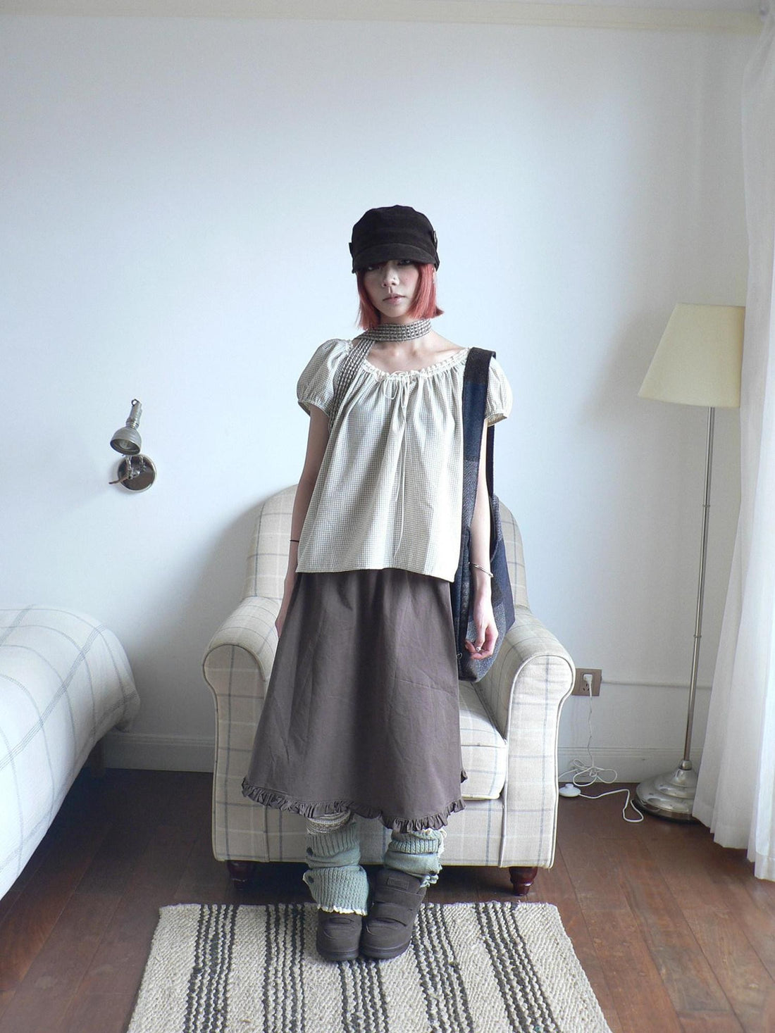 ang project Vintage Plaid Tie Lace Puff Sleeve Women&
