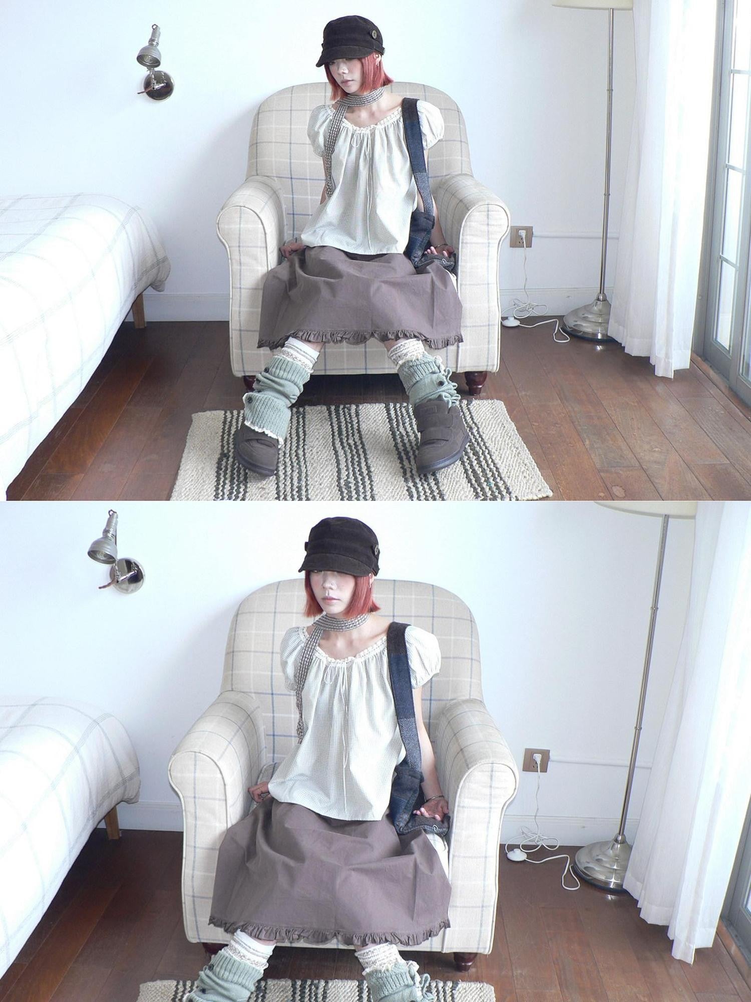 ang project Vintage Plaid Tie Lace Puff Sleeve Women&
