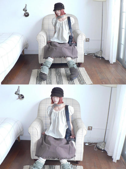 ang project Vintage Plaid Tie Lace Puff Sleeve Women&