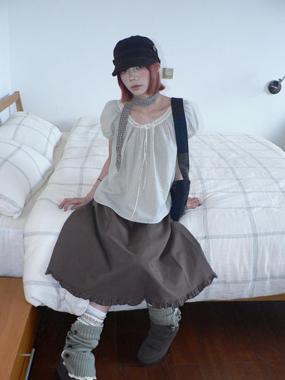ang project Vintage Plaid Tie Lace Puff Sleeve Women&