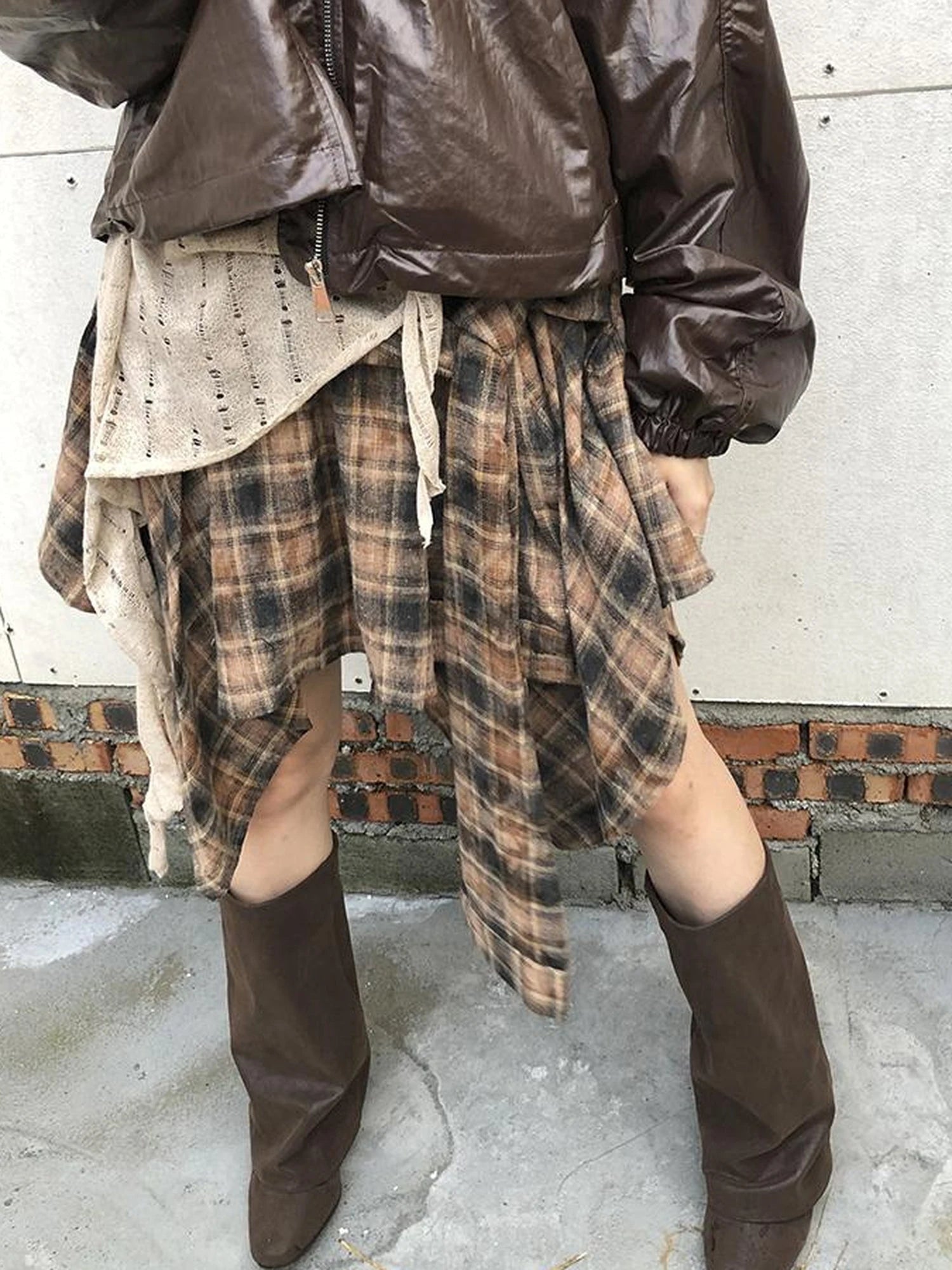 Vintage Plaid Wrap Mini Skirt High Waist Adjustable Waistband