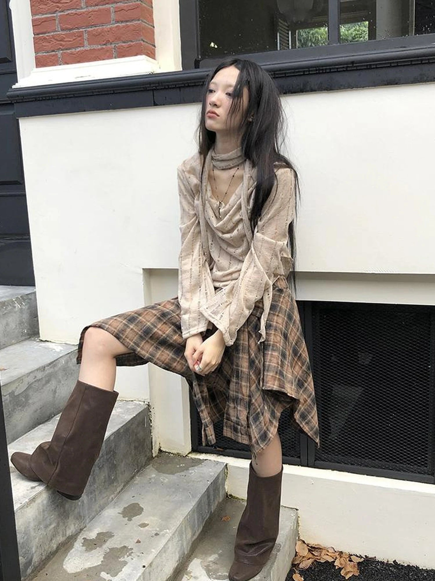 Vintage Plaid Wrap Mini Skirt High Waist Adjustable Waistband