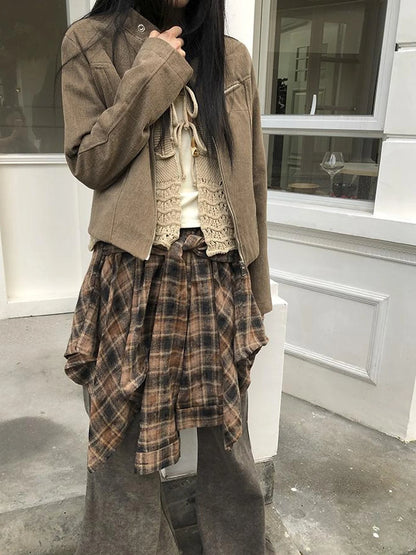 Vintage Plaid Wrap Mini Skirt High Waist Adjustable Waistband