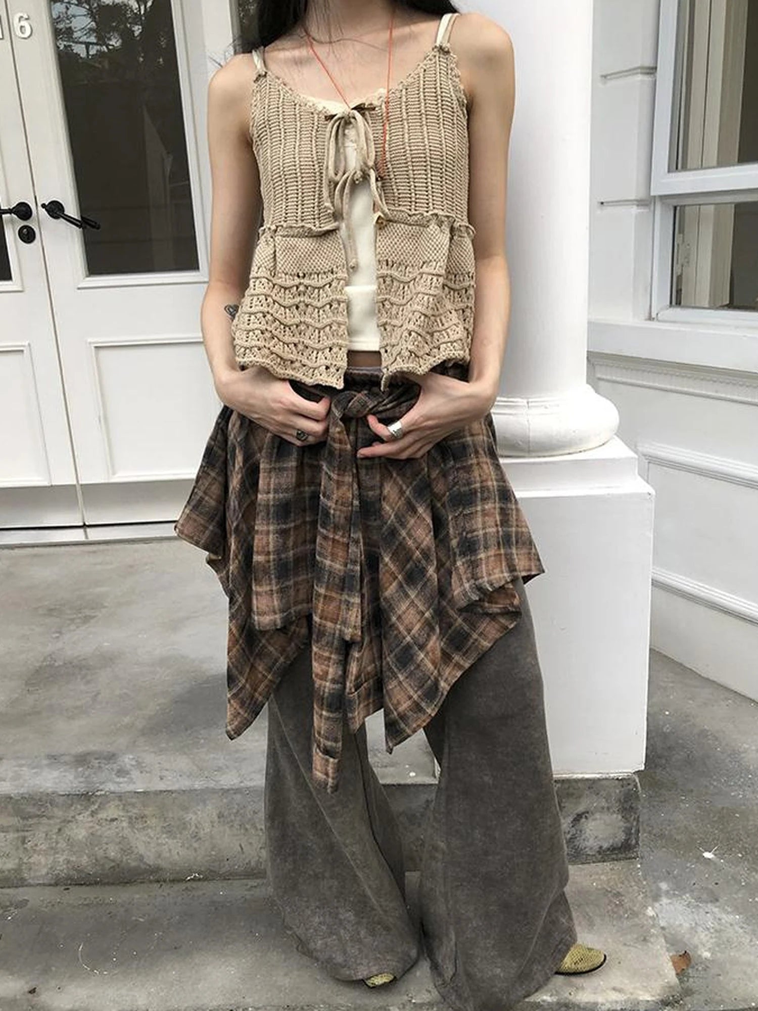 Vintage Plaid Wrap Mini Skirt High Waist Adjustable Waistband