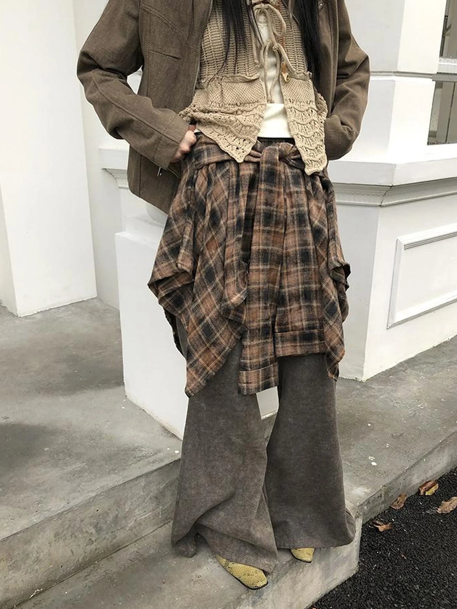 Vintage Plaid Wrap Mini Skirt High Waist Adjustable Waistband