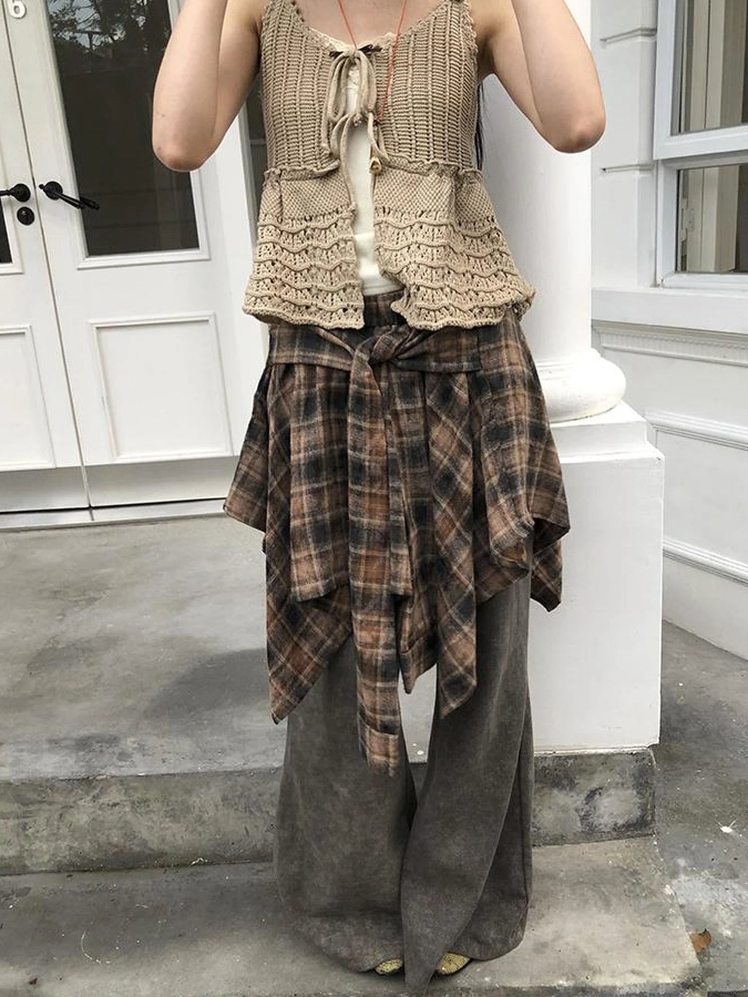 Vintage Plaid Wrap Mini Skirt High Waist Adjustable Waistband