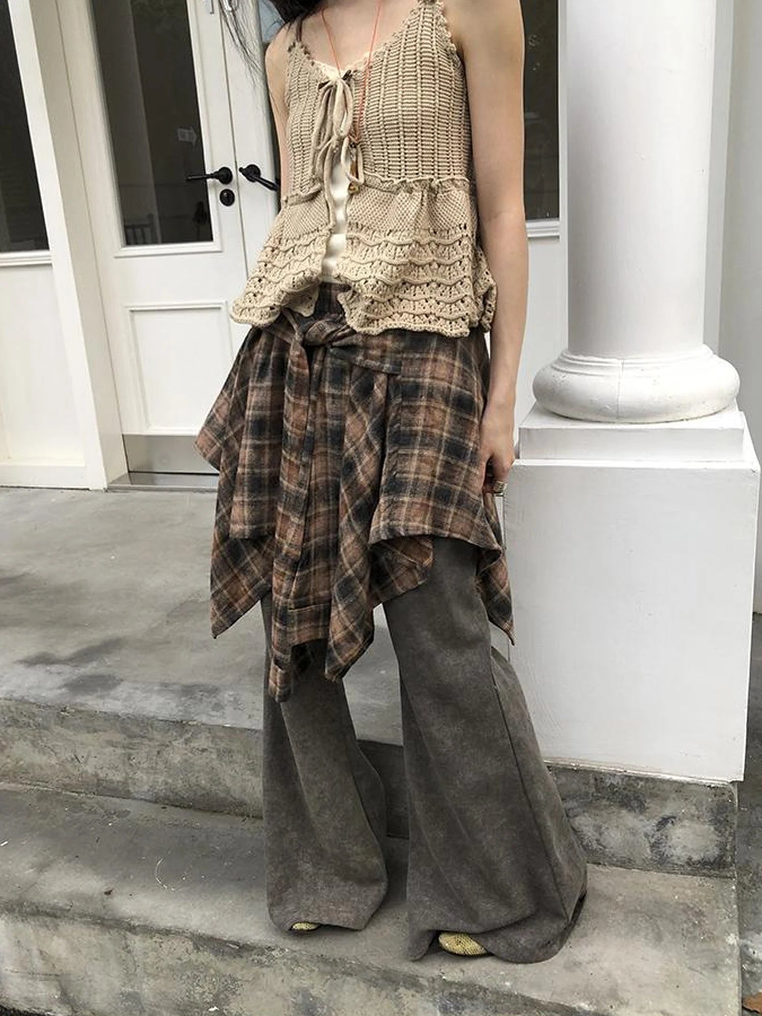 Vintage Plaid Wrap Mini Skirt High Waist Adjustable Waistband