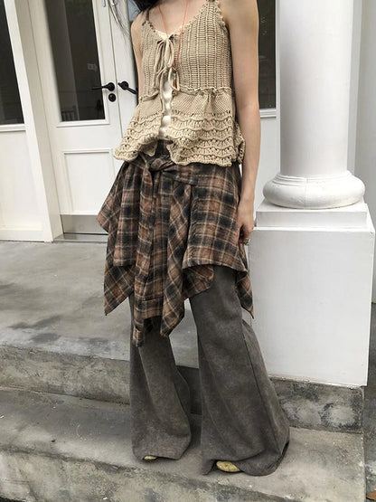 Vintage Plaid Wrap Mini Skirt High Waist Adjustable Waistband