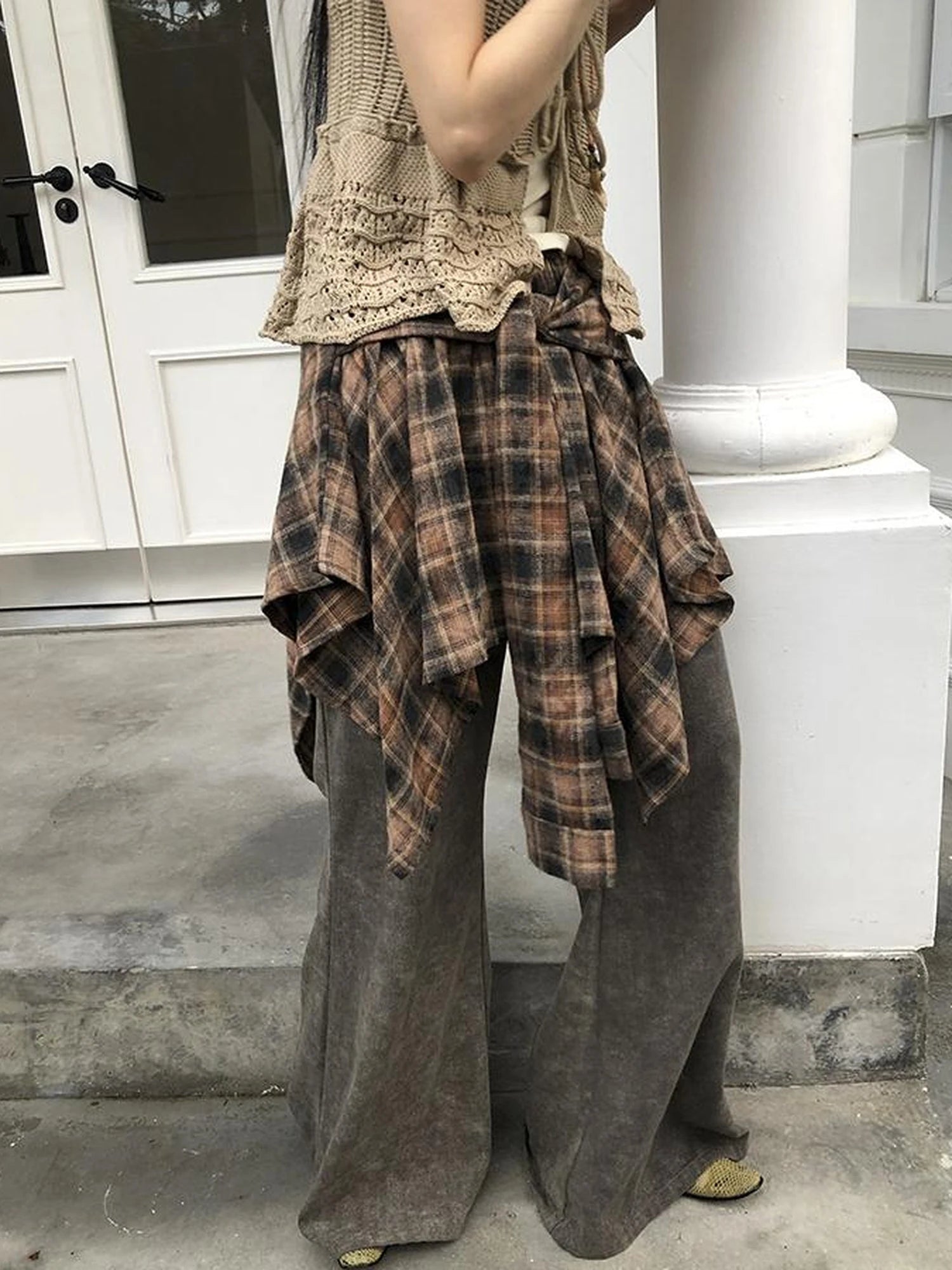 Vintage Plaid Wrap Mini Skirt High Waist Adjustable Waistband