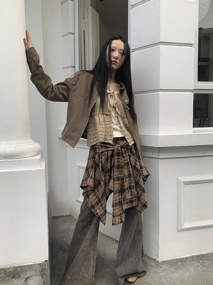 ang project Vintage Plaid Wrap Mini Skirt High Waist Adjustable Waistband