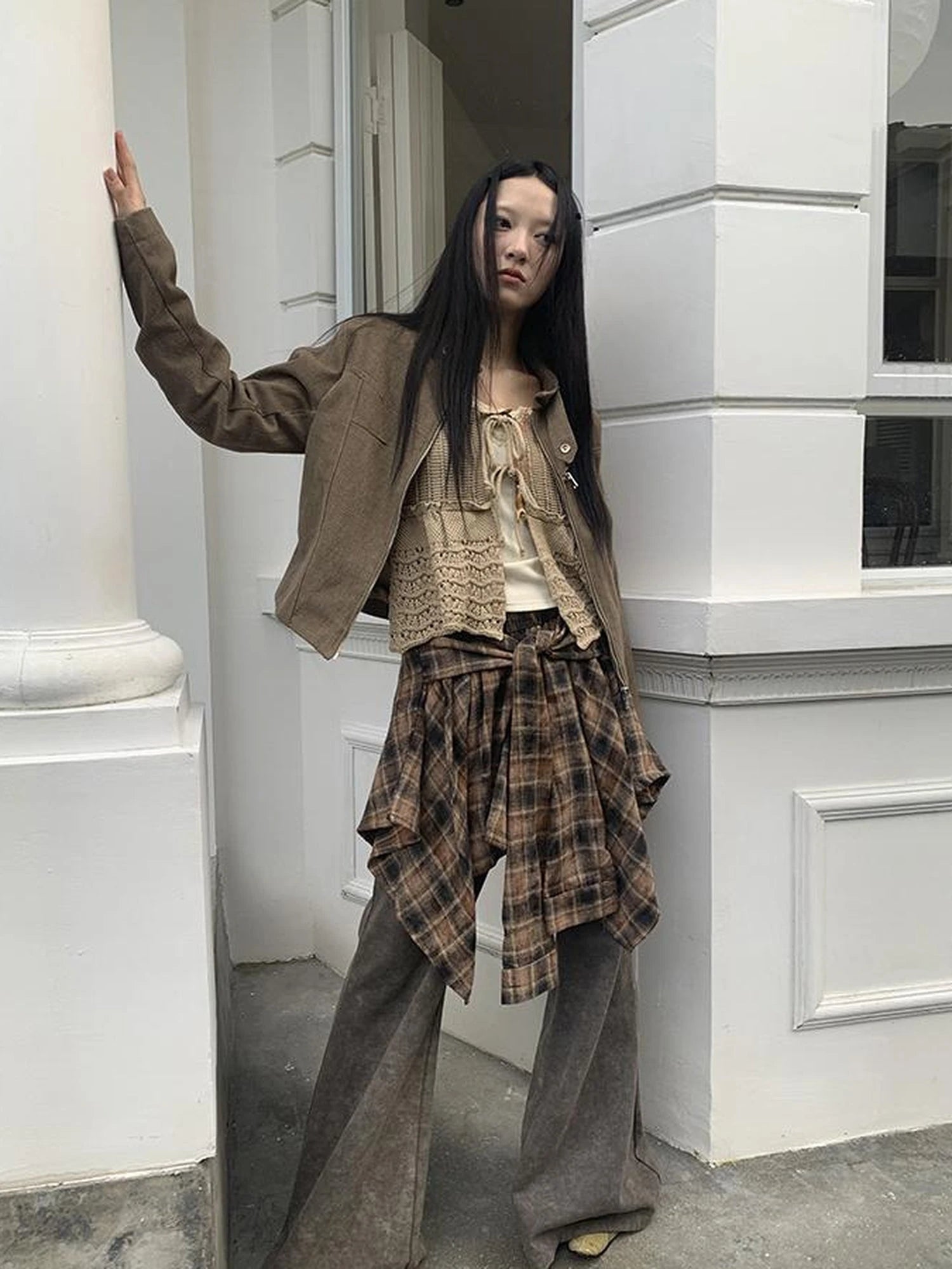 Vintage Plaid Wrap Mini Skirt High Waist Adjustable Waistband