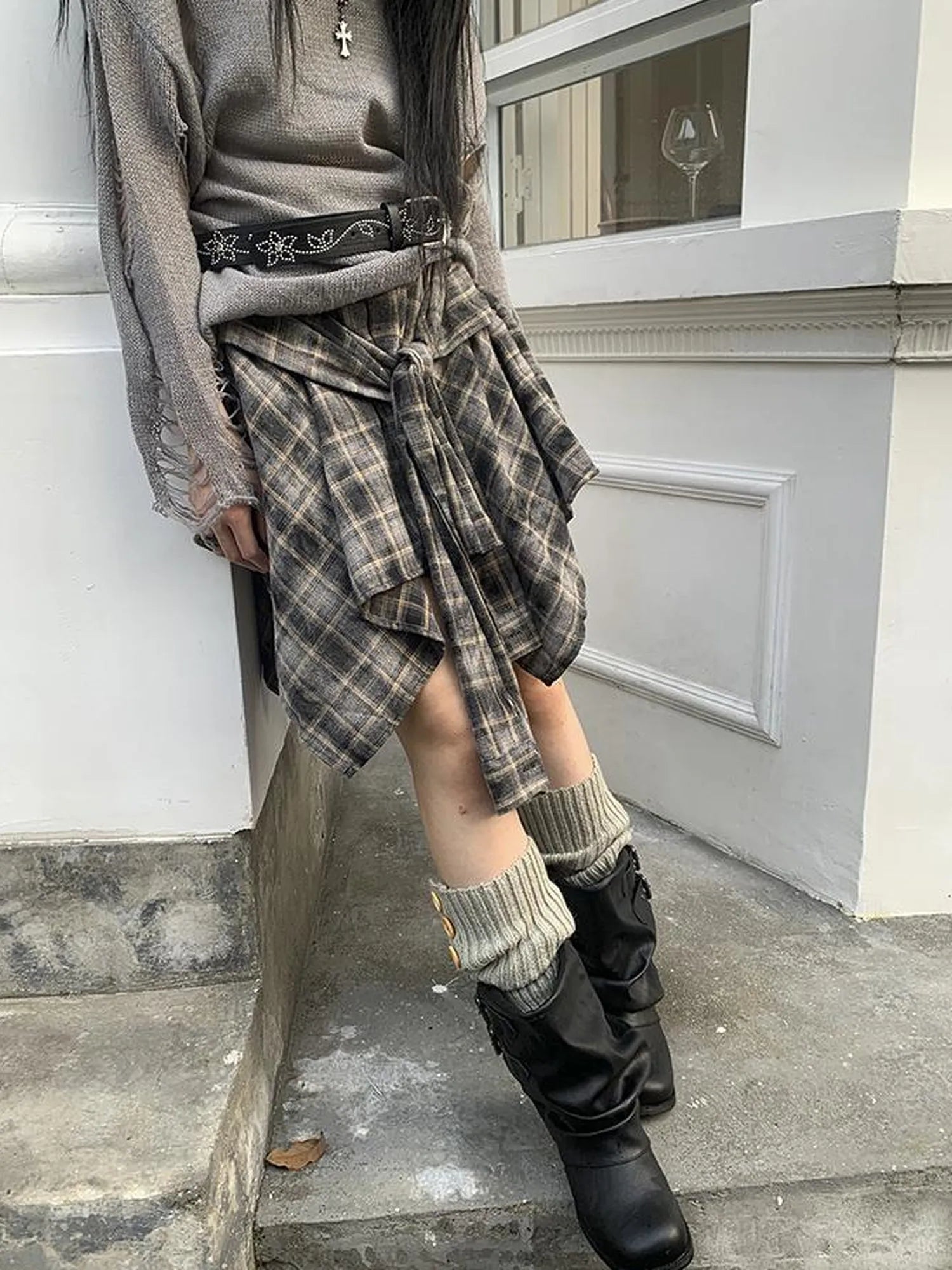 Vintage Plaid Wrap Mini Skirt High Waist Adjustable Waistband