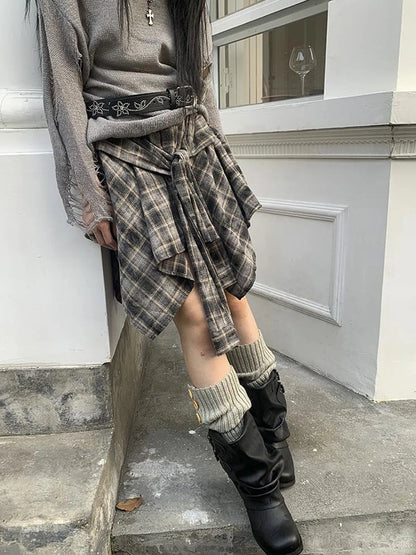 Vintage Plaid Wrap Mini Skirt High Waist Adjustable Waistband