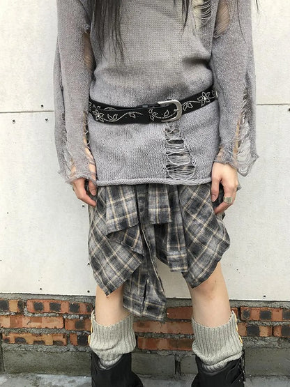 Vintage Plaid Wrap Mini Skirt High Waist Adjustable Waistband