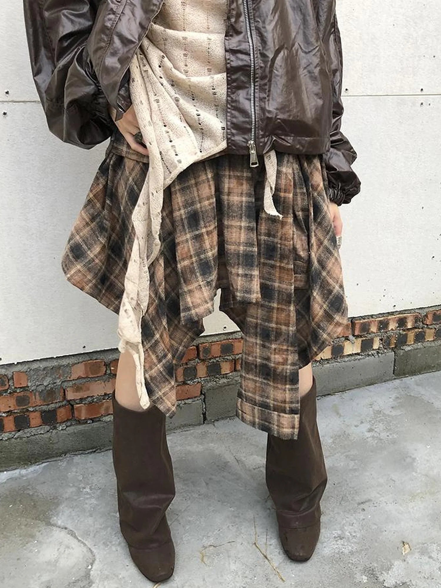 Vintage Plaid Wrap Mini Skirt High Waist Adjustable Waistband