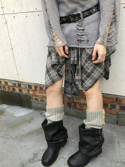 Vintage Plaid Wrap Mini Skirt High Waist Adjustable Waistband