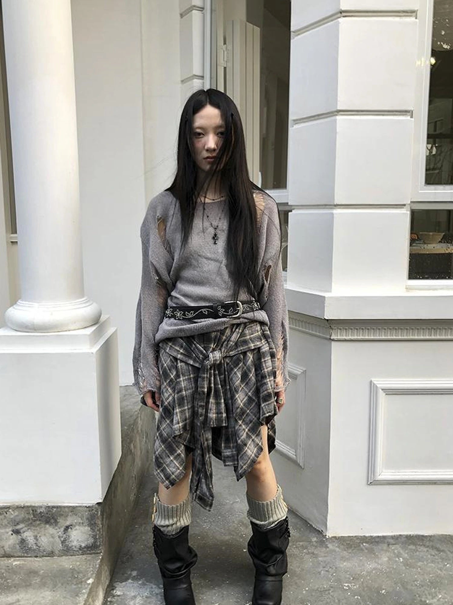 Vintage Plaid Wrap Mini Skirt High Waist Adjustable Waistband