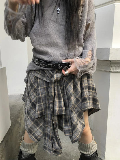 Vintage Plaid Wrap Mini Skirt High Waist Adjustable Waistband