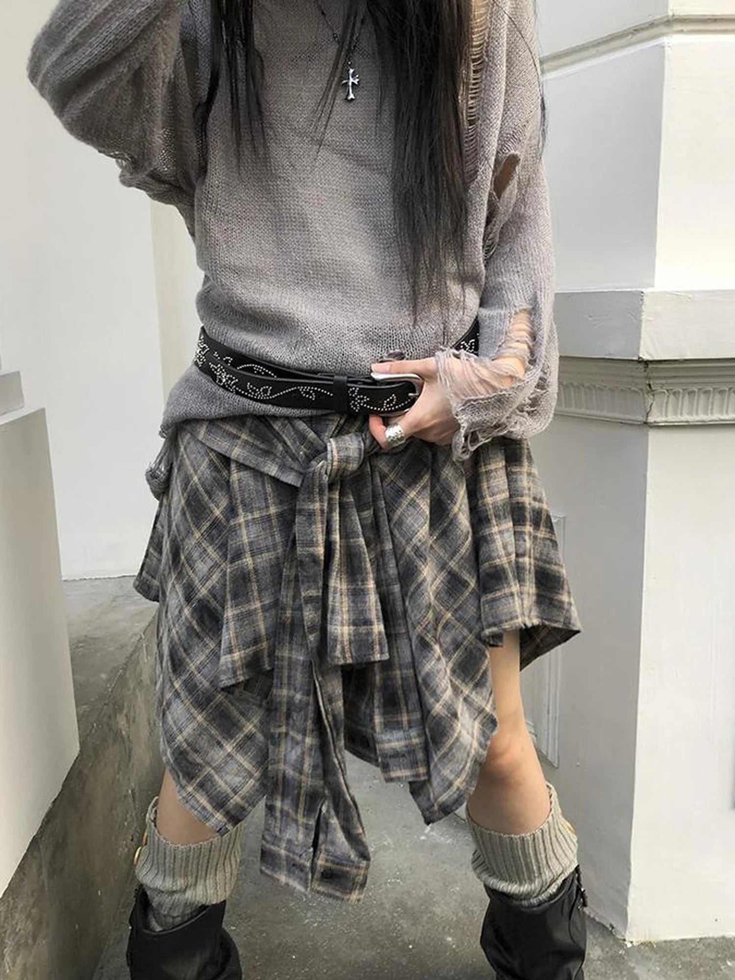 Vintage Plaid Wrap Mini Skirt High Waist Adjustable Waistband