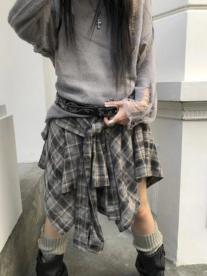 Vintage Plaid Wrap Mini Skirt High Waist Adjustable Waistband