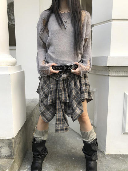 ang project Vintage Plaid Wrap Mini Skirt High Waist Adjustable Waistband
