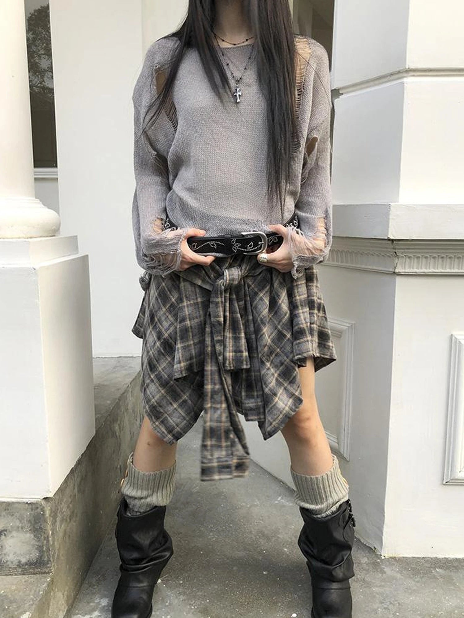 Vintage Plaid Wrap Mini Skirt High Waist Adjustable Waistband