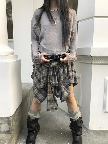 Vintage Plaid Wrap Mini Skirt High Waist Adjustable Waistband