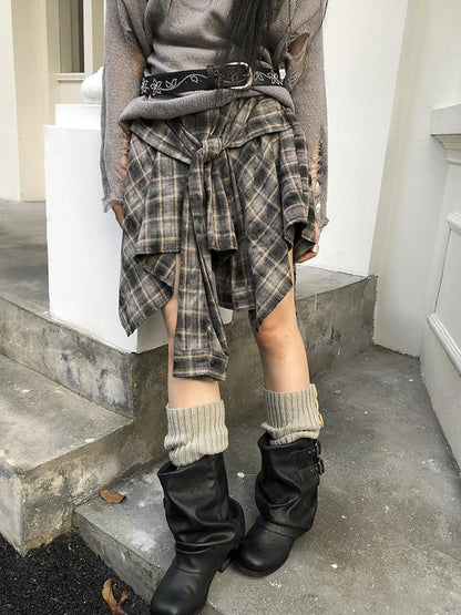ang project Vintage Plaid Wrap Mini Skirt High Waist Adjustable Waistband