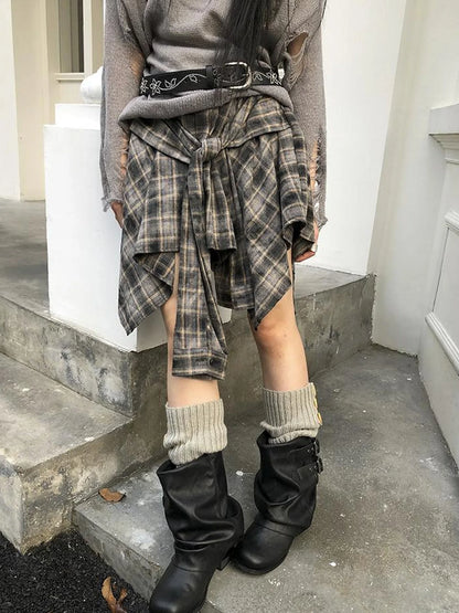 Vintage Plaid Wrap Mini Skirt High Waist Adjustable Waistband