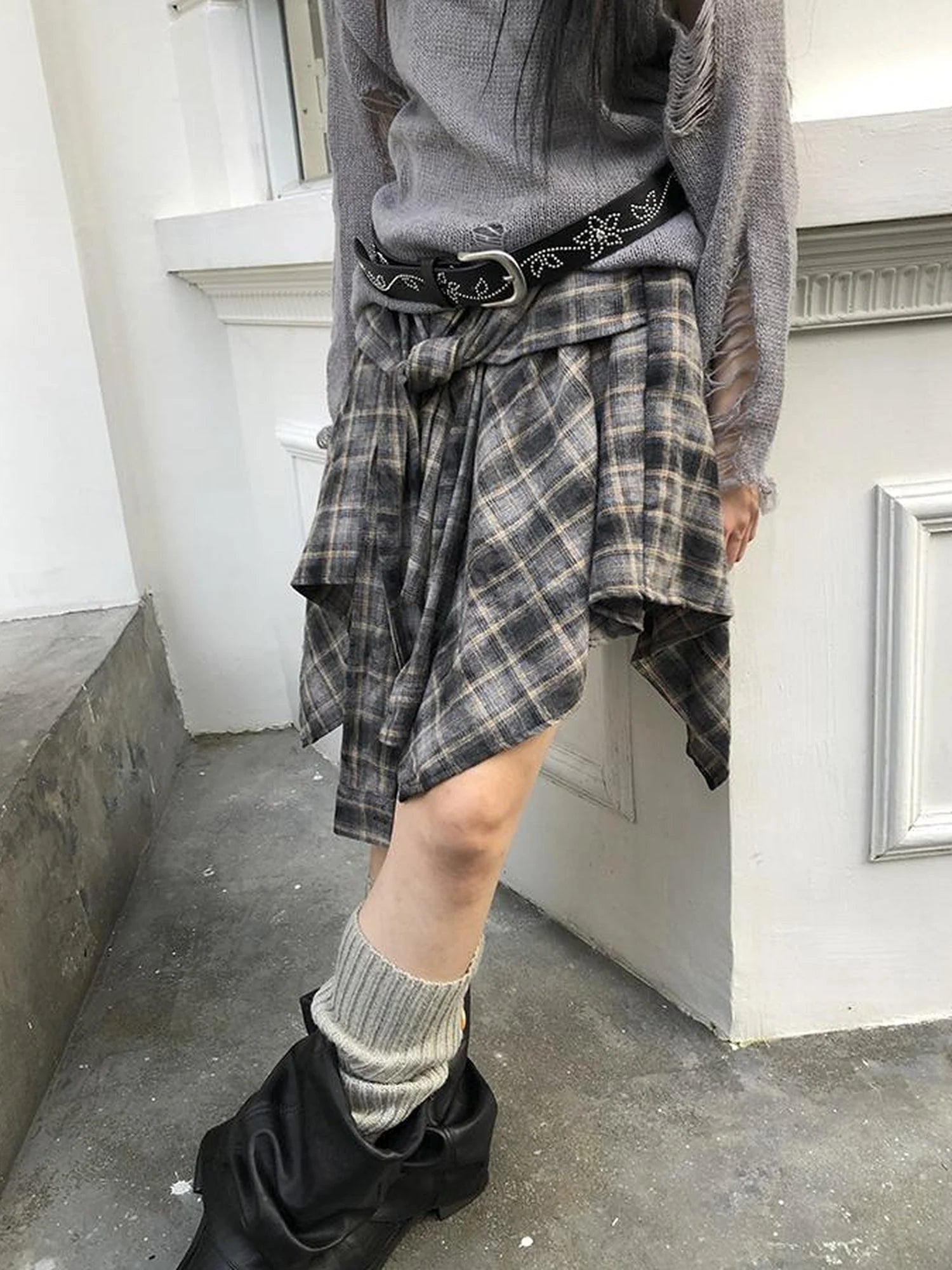 Vintage Plaid Wrap Mini Skirt High Waist Adjustable Waistband