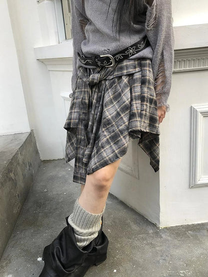 Vintage Plaid Wrap Mini Skirt High Waist Adjustable Waistband