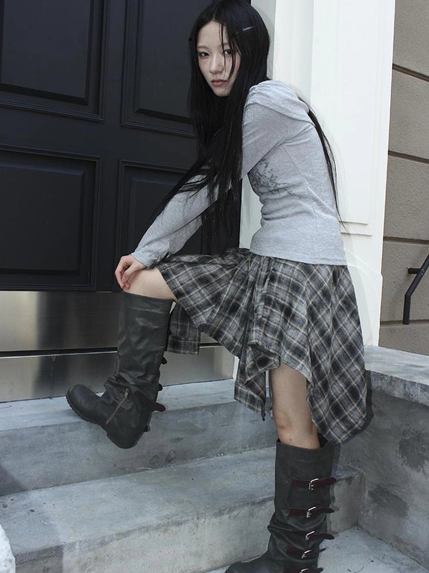 Vintage Plaid Wrap Mini Skirt High Waist Adjustable Waistband